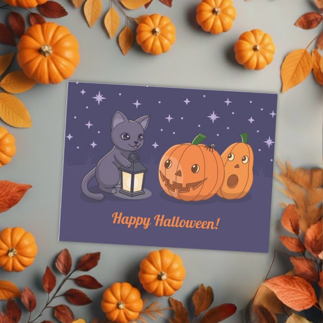 Halloween Black Cat Pumpkins Lantern Purple Postcard (Creator Uploaded)