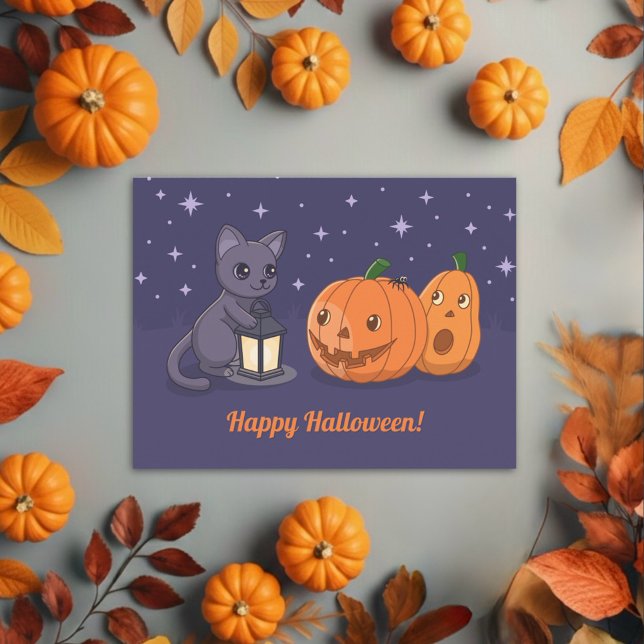 Halloween Black Cat Pumpkins Lantern Purple Postcard (Creator Uploaded)