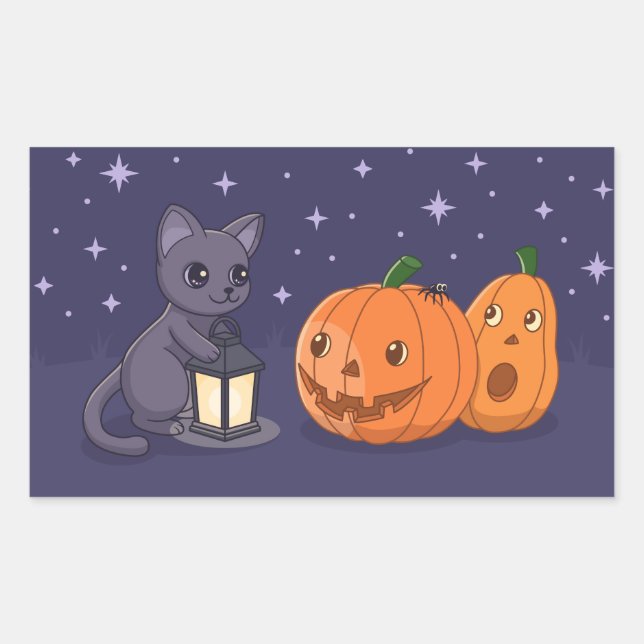 Halloween Black Cat Pumpkins Lantern Purple Sticker (Front)