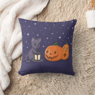 Halloween Black Cat Pumpkins Lantern Purple Throw Pillow