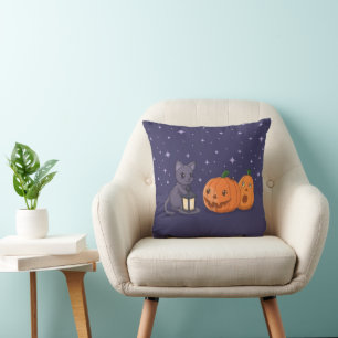 Halloween Black Cat Pumpkins Lantern Purple Throw Pillow