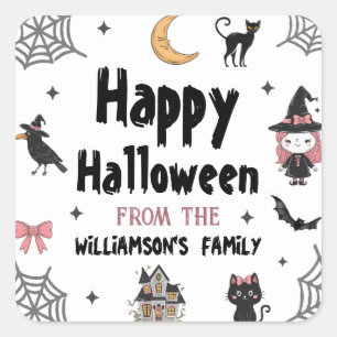 Halloween Black Cat raven crow Custom Family Name  Square Sticker