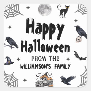 Halloween Black Cat raven crow Custom Family Name Square Sticker