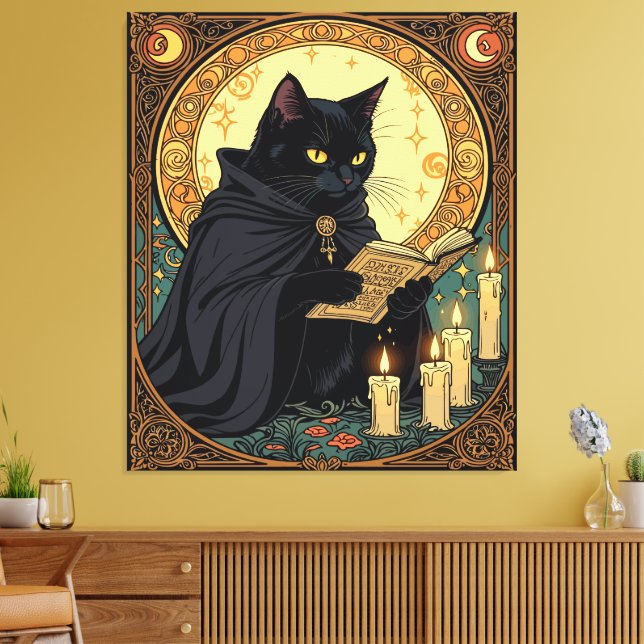 Halloween Black Cat Reading A Book Canvas Print (Insitu(LivingRoom))