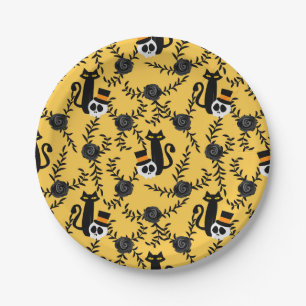 Halloween Black Cat, Roses and Skulls Paper Plate