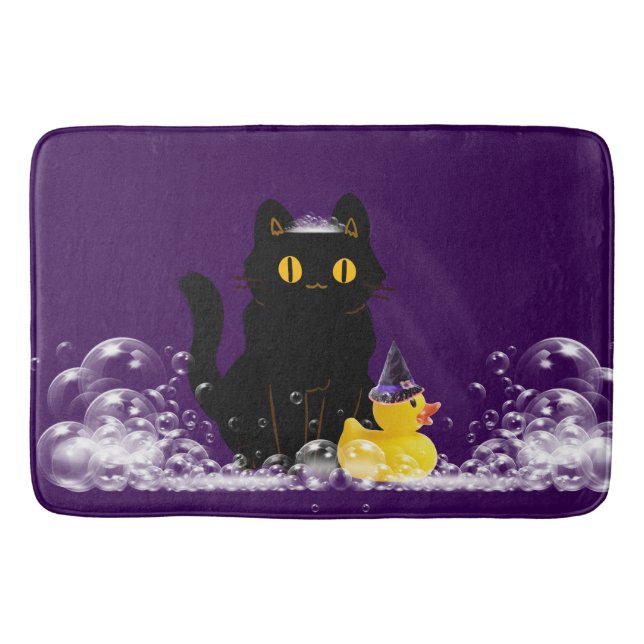Halloween Black Cat Rubber Duck Bubbles Bath Mat (Front)