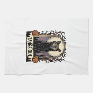 Halloween Black Cat Shirt Vintage Fangs Design_1 Kitchen Towel