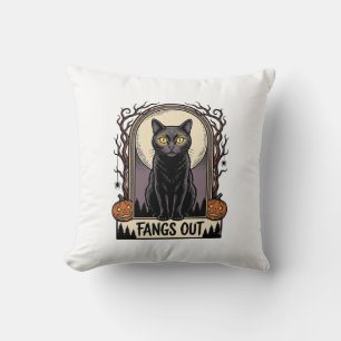 Halloween Black Cat Shirt Vintage Fangs Design_1 Throw Pillow