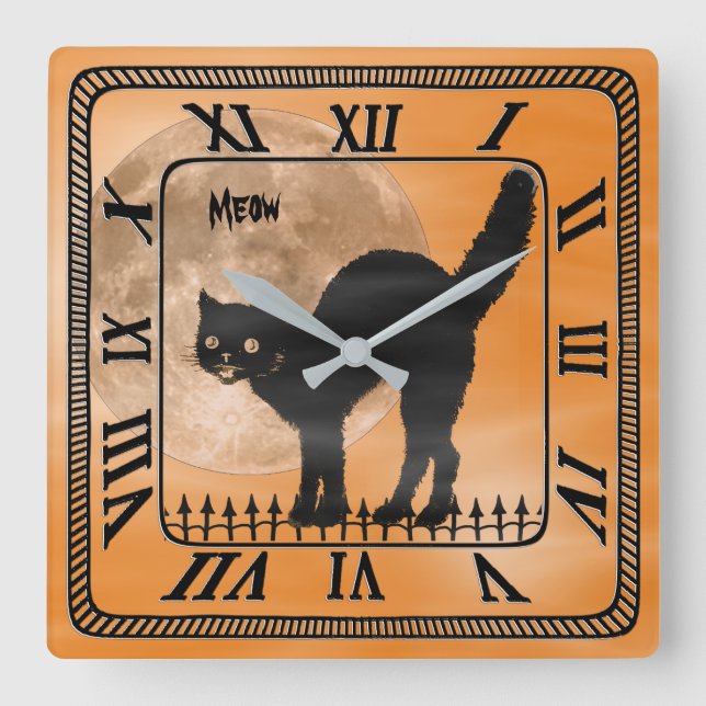 Halloween Black Cat Silhouette | Orange  Square Wall Clock (Front)