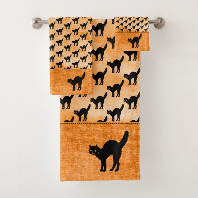 Halloween Black Cat Silhouette Pattern Orange BG Bath Towel Set (Insitu)
