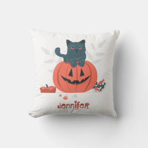 Halloween Black Cat Sitting on the Pumpkin Throw Pillow