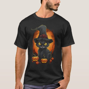 Halloween Black Cat Spooky Witch Hat Jack o Lanter T-Shirt