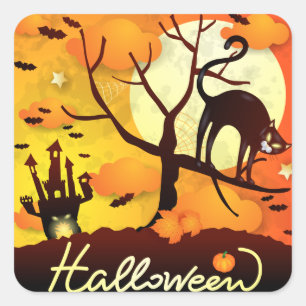 Halloween Black Cat Square Sticker