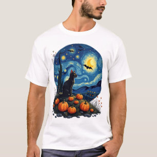 Halloween Black Cat  Starry Night Cat Lovers Cat T-Shirt