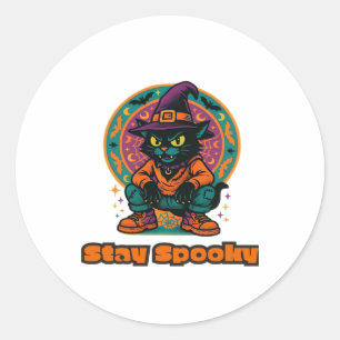Halloween Black Cat � Stay Spooky Retro Witch Cat  Classic Round Sticker