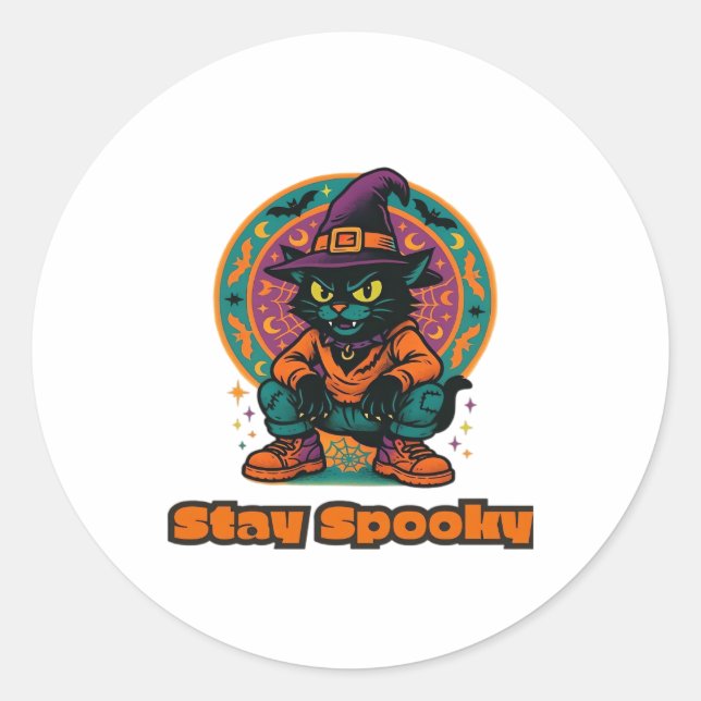 Halloween Black Cat � Stay Spooky Retro Witch Cat  Classic Round Sticker (Front)