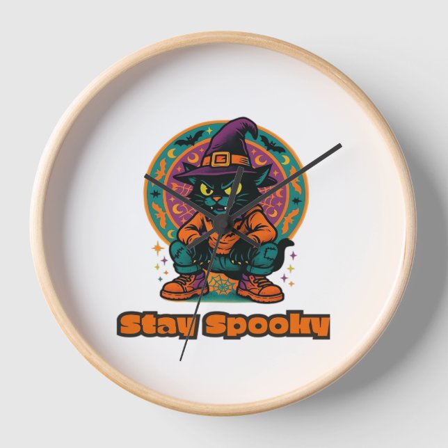 Halloween Black Cat – Stay Spooky Retro Witch Cat  Clock (Front)