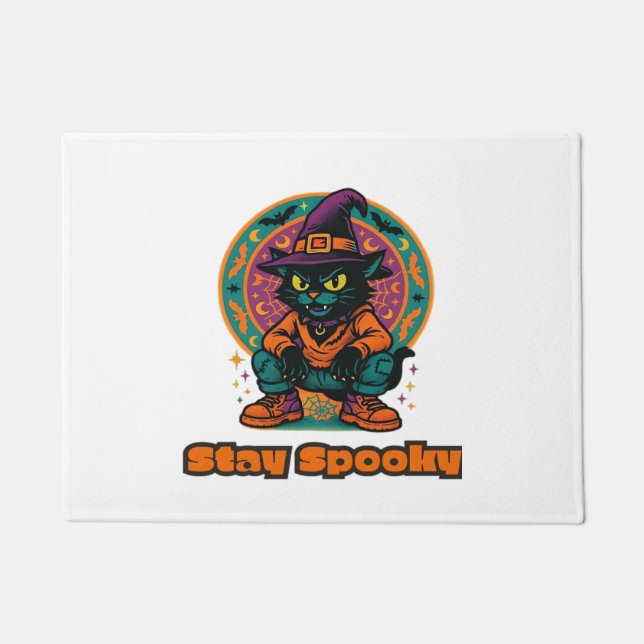 Halloween Black Cat – Stay Spooky Retro Witch Cat  Doormat (Front)