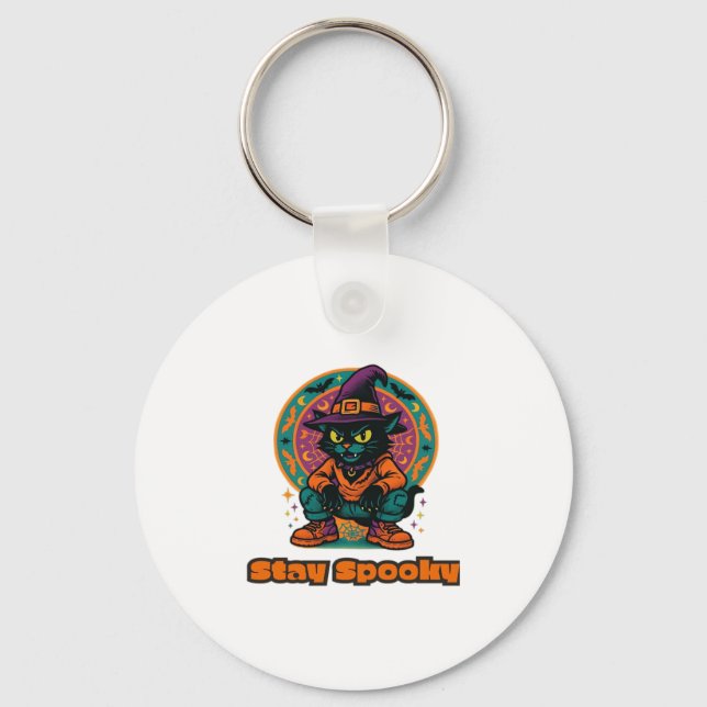 Halloween Black Cat � Stay Spooky Retro Witch Cat  Keychain (Front)