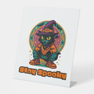 Halloween Black Cat – Stay Spooky Retro Witch Cat  Pedestal Sign