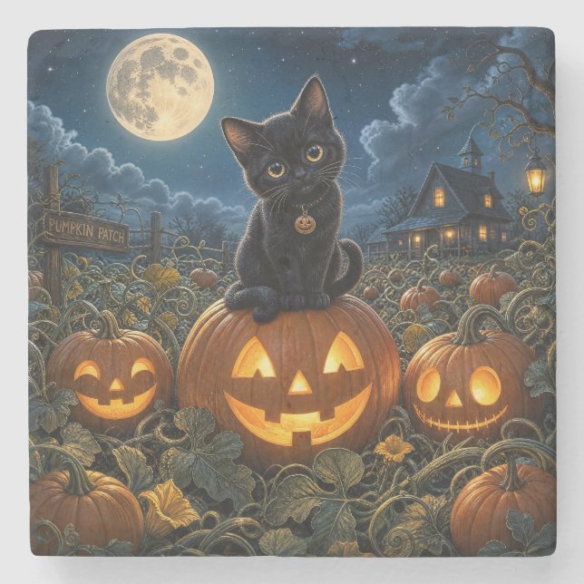 Halloween Black Cat Stone Coaster (Front)