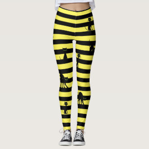 Halloween Black Cat & Stripes Leggings Yellow
