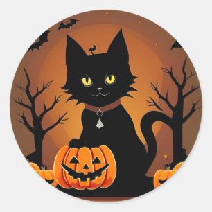 Halloween Black Cat Surrounded by Jack-o'-Lanterns Classic Round Sticker