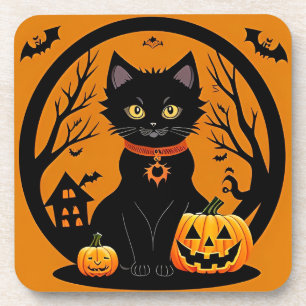 Halloween Black Cat Surrounded by Jack-o'-Lanterns Coaster