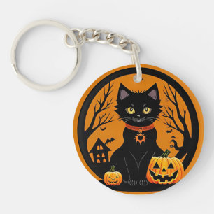 Halloween Black Cat Surrounded by Jack-o'-Lanterns Keychain