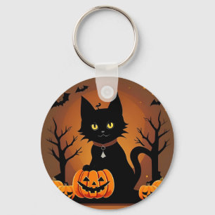 Halloween Black Cat Surrounded by Jack-o'-Lanterns Keychain