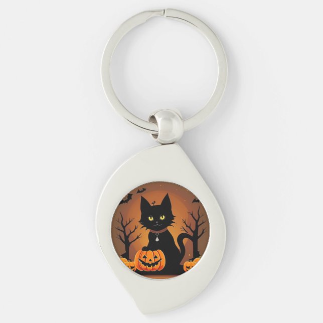 Halloween Black Cat Surrounded by Jack-o'-Lanterns Keychain (Front)