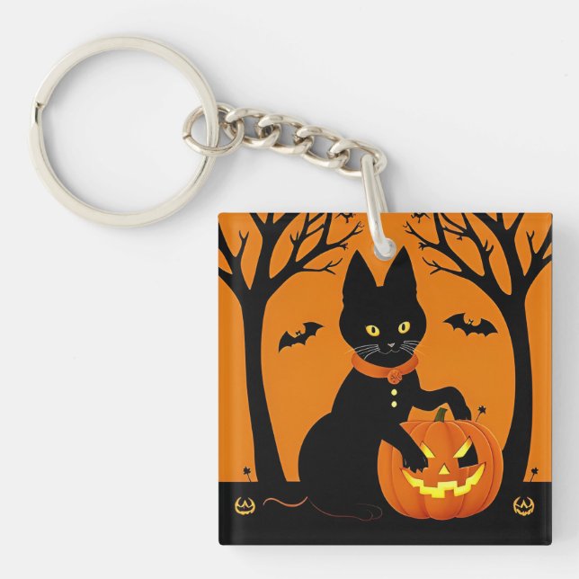 Halloween Black Cat Surrounded by Jack-o'-Lanterns Keychain (Front)