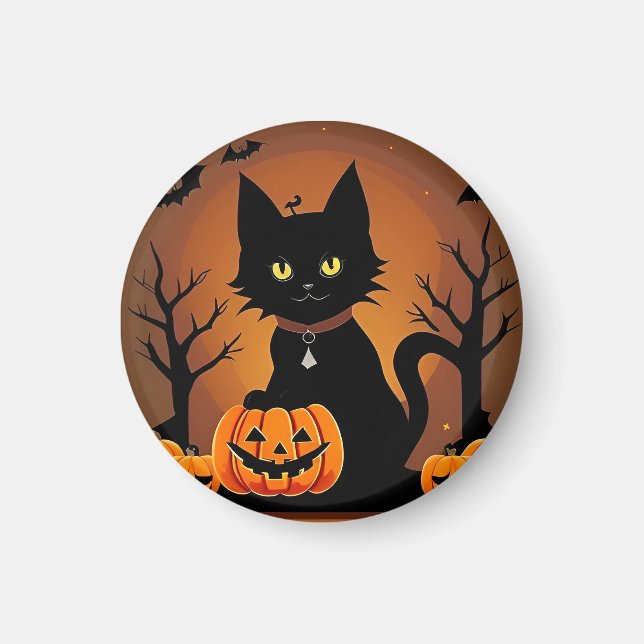Halloween Black Cat Surrounded by Jack-o'-Lanterns Magnet (Front)