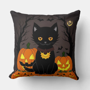 Halloween Black Cat Surrounded by Jack-o'-Lanterns Throw Pillow
