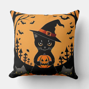 Halloween Black Cat Surrounded by Jack-o'-Lanterns Throw Pillow