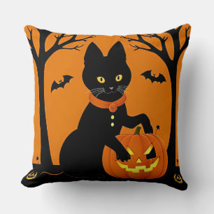 Halloween Black Cat Surrounded by Jack-o'-Lanterns Throw Pillow