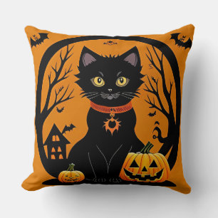 Halloween Black Cat Surrounded by Jack-o'-Lanterns Throw Pillow