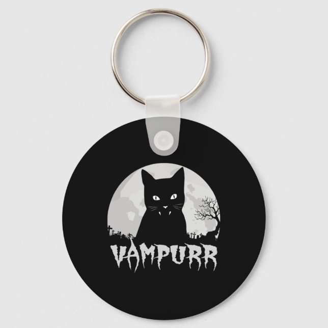 Halloween Black Cat Vampire With Full Moon - Vampu Keychain (Front)