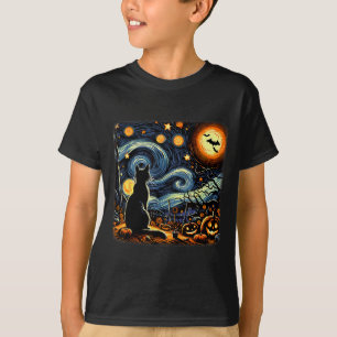 Halloween Black Cat Van Gogh Starry Night Cat Love T-Shirt