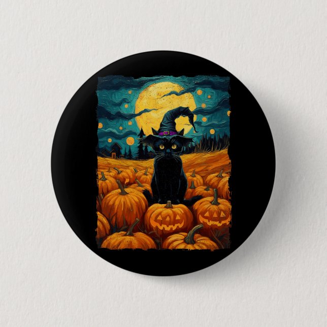 Halloween Black Cat Van Gogh Witch Kawaii Pumpkin  2 Inch Round Button (Front)