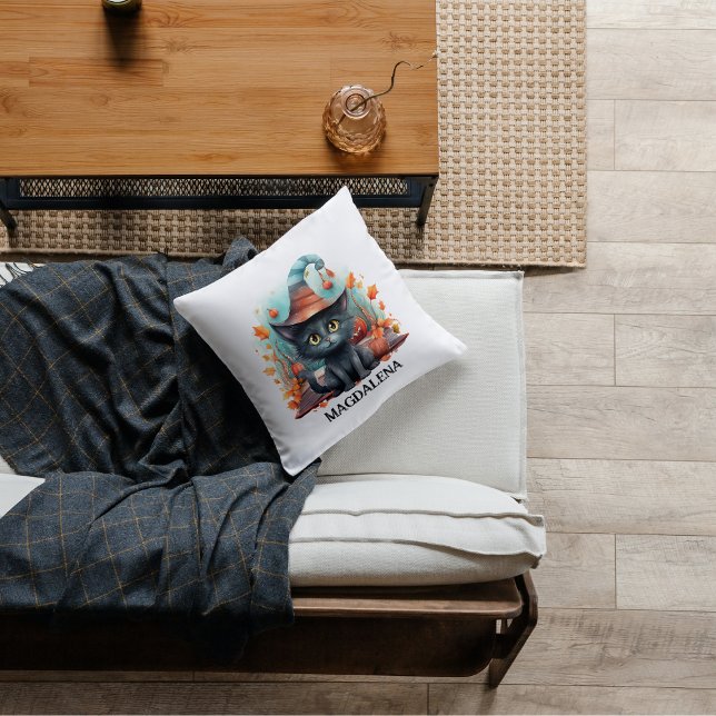 Halloween Black Cat Watercolour  Throw Pillow (Black Cat With Hat Custom Name Halloween Throw Pillow)