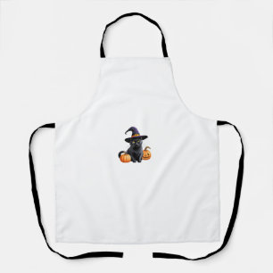 Halloween Black Cat Wearing Witch Hat Orange Pumpk Apron