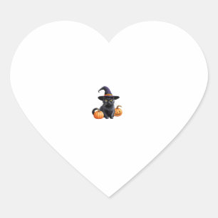 Halloween Black Cat Wearing Witch Hat Orange Pumpk Heart Sticker