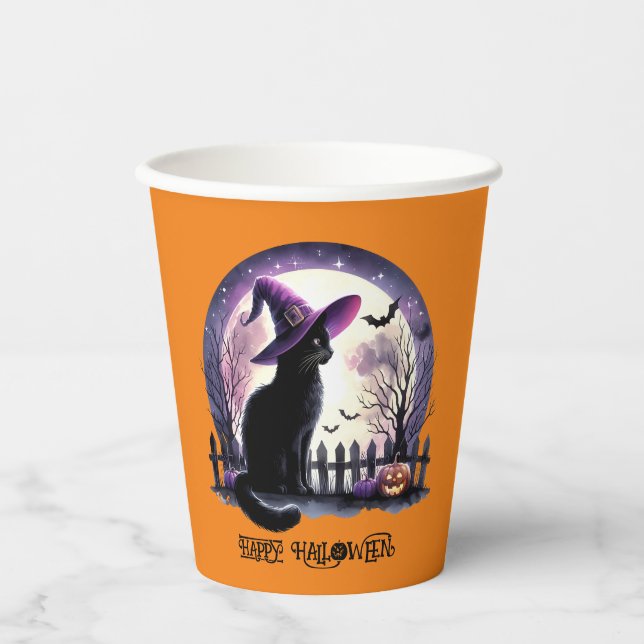 Halloween Black Cat Witch and Bats  Paper Cups (Front)