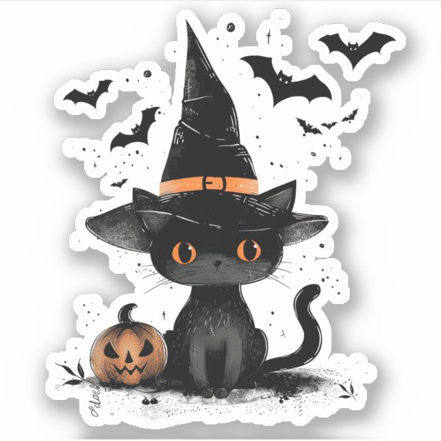 Halloween Black Cat Witch and Bats Sticker (Front)