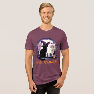 Halloween Black Cat Witch and Bats Tri-Blend Shirt