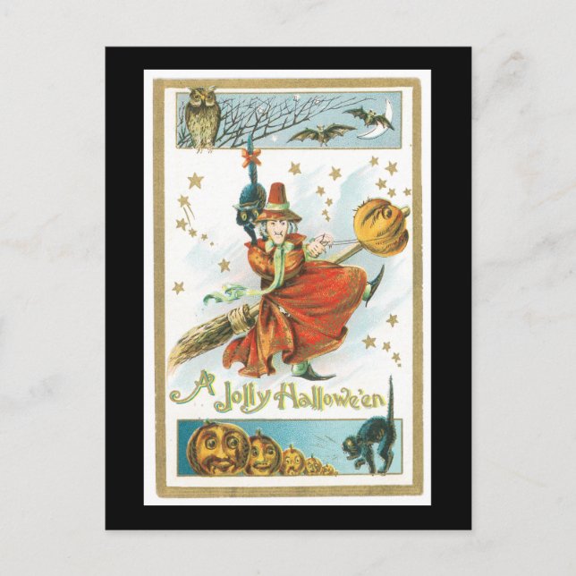 Halloween Black Cat, Witch and Owl Postcard (Front)