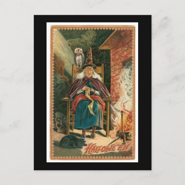 Halloween Black Cat, Witch and Owl Postcard (Front)