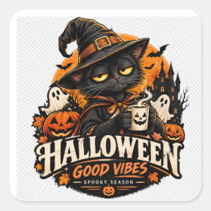 Halloween Black Cat Witch Good Vibes Spooky Season Square Sticker