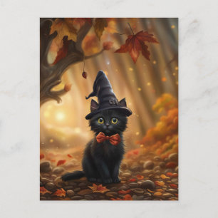 Halloween Black Cat Witch Hat Fall Leaves Cute Holiday Postcard